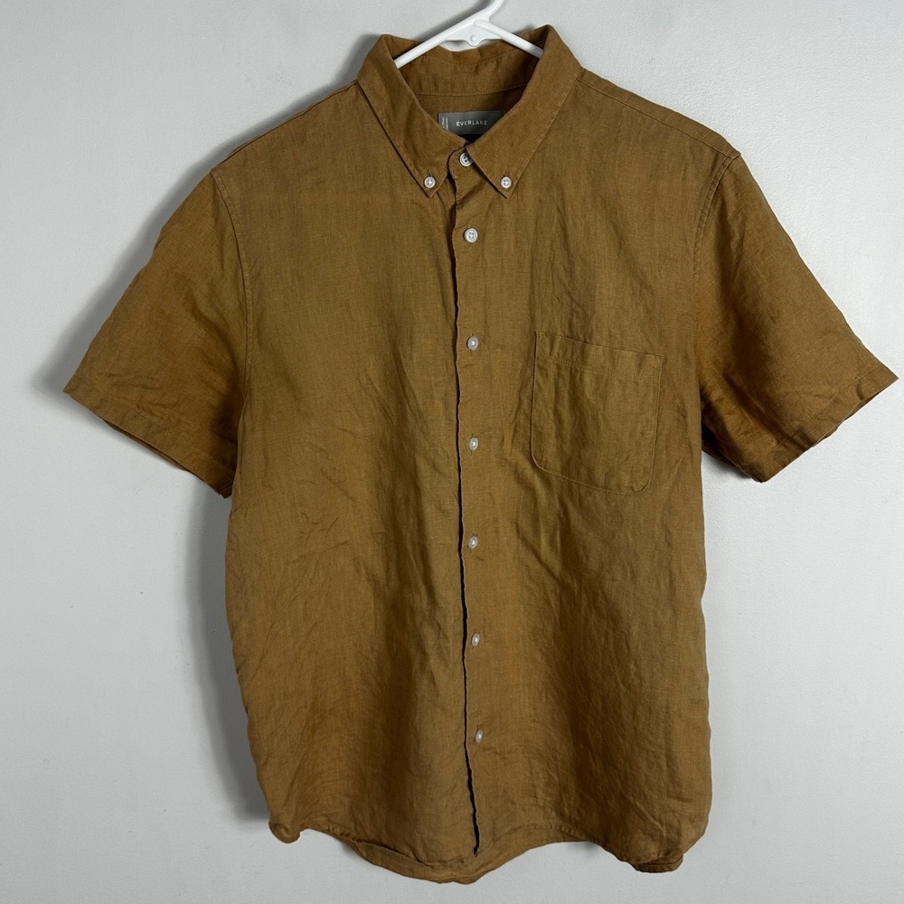 Everlane 100% Linen Mens Short Sleeve Button Down Collar Shirt Size Medium Brown
